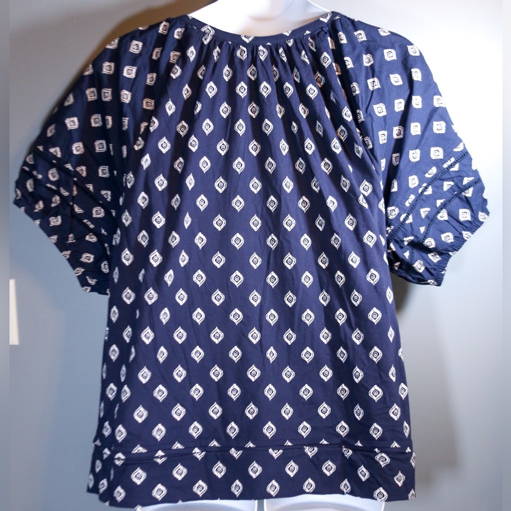 Lane Bryant 26/28 Navy Boho Print Peasant Top Puff Sleeve Plus Size - Picture 6 of 14
